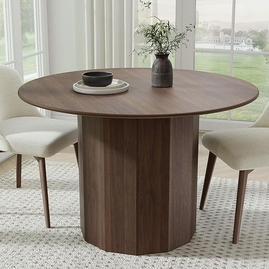 Casaphoria 46" Round Dining Table, Modern Wood Kitchen Table with Cylinder Polygonal Base for Living Room & Dining Room, Easy Assembly Farmhouse Furniture for 4-6, Walnut
