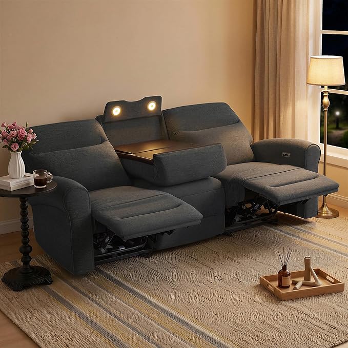 MCombo 87.8" Wall Hugger Power Reclining Sofa with Drop Down Table, 3-Seater Recliner Couch for Small Spaces Living Room RV, USB Ports, Fabric PR635M3 (Dark Grey)