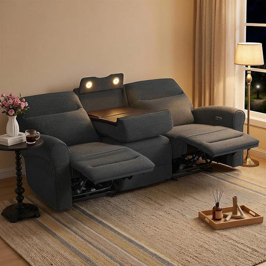 MCombo 87.8" Wall Hugger Power Reclining Sofa with Drop Down Table, 3-Seater Recliner Couch for Small Spaces Living Room RV, USB Ports, Fabric PR635M3 (Dark Grey)