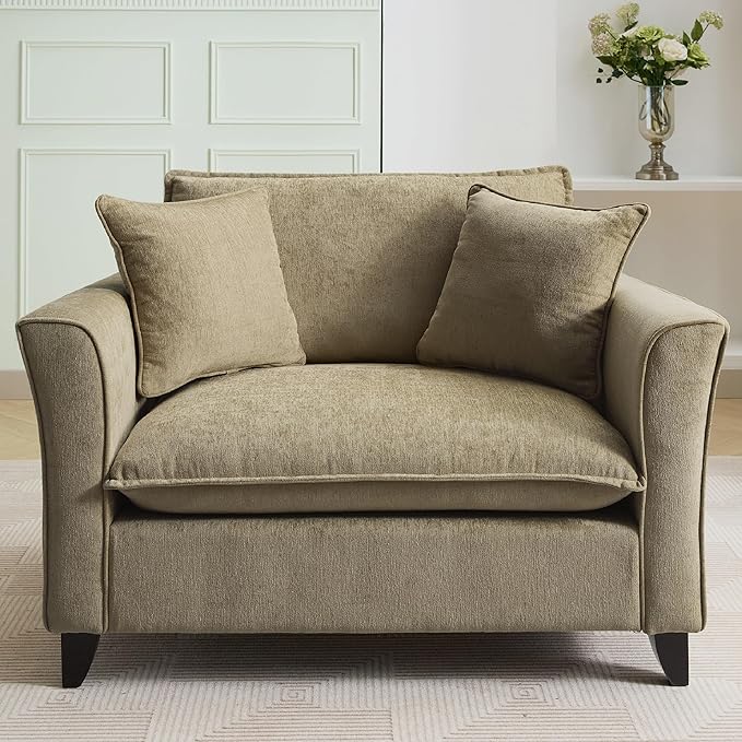 Merax 46.9 Inch Chenille Armchair, Luxury Oversized Accent Arm Chair with 2 Pillows, Modern Single Cloud Lounge Sofa Chair, Comfy Deep Seating for Office Apartment Living Room, Easy Assembly, Green