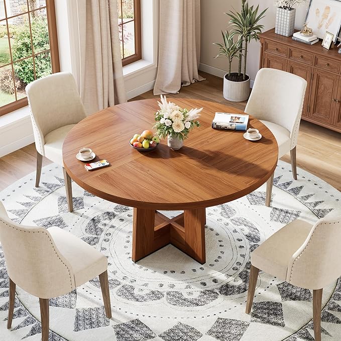 IDEALHOUSE 47" Round Dining Table, Kitchen Table for 4-6 People, Circle Tables with Sturdy Pedestal Base, Space Saving Dinning Room Furniture for Living Room, Kitchen, Brown