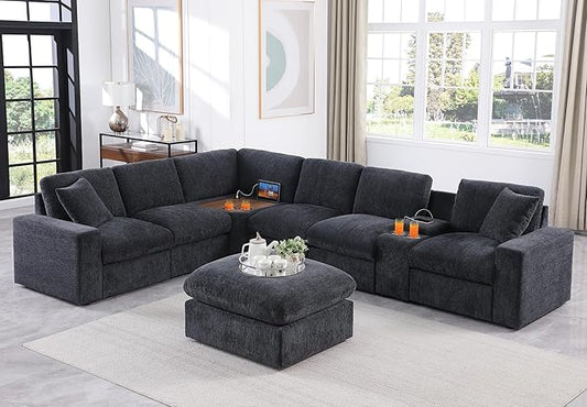 Ball & Cast 127" Oversized Modular L-Shaped Sectional Sofa,Large Chenille Upholstered Couch 7 Seat with Ottoman,Cup Holders&USB Ports,Comfty Sectionals W/Pillows&Storage Box,for Living Room,Dark Gray