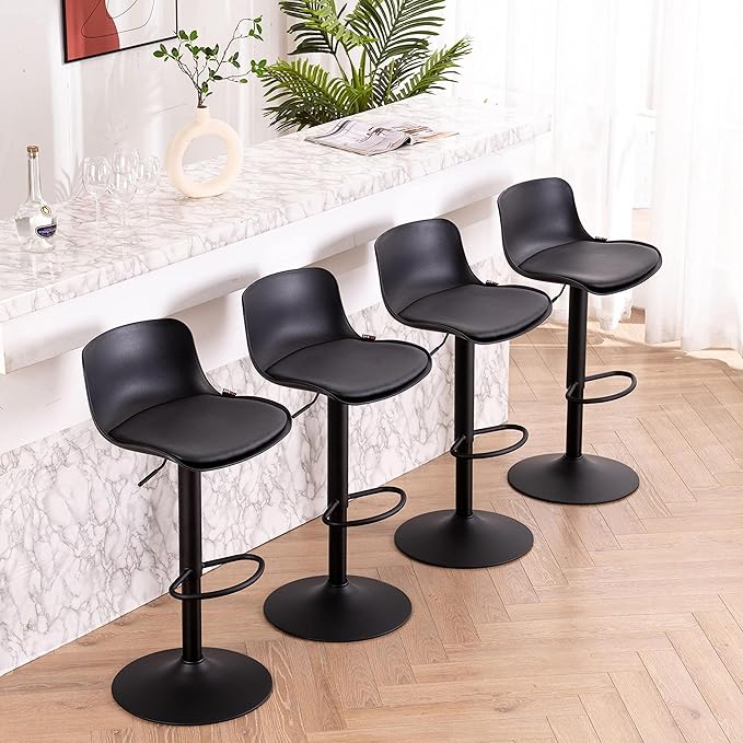YOUTASTE All Black Bar Stools Set of 2, Adjustable Swivel Counter Height Barstools with Back, Plastic&PU Leather Cushioned Bar Chair Seats, Metal Footrest, Black Round Base for Kitchen Island