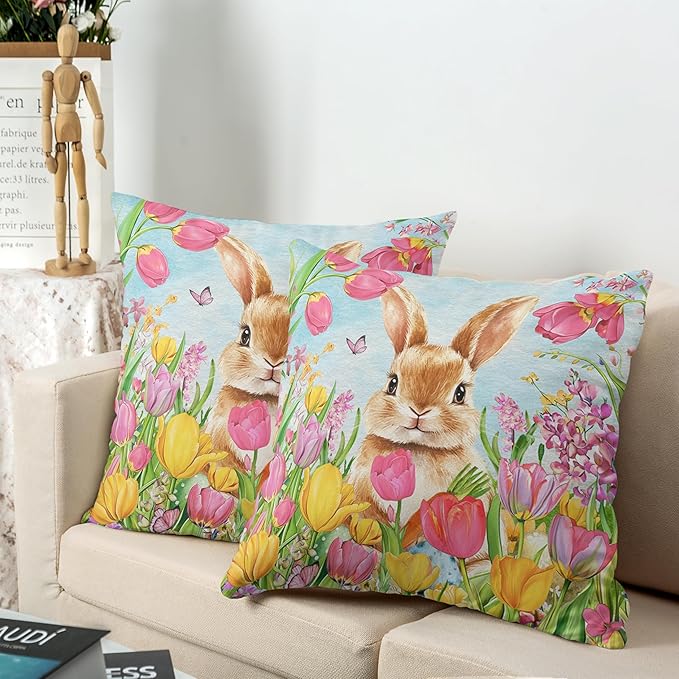 Easter Bunny Pillow Covers 22x22 Set of 2 Lovely Rabbit with Tulip Throw Pillow Covers Spring Pillow Case Floral Cotton Blend Cushion Case for Easter Decor Sofa Patio Garden