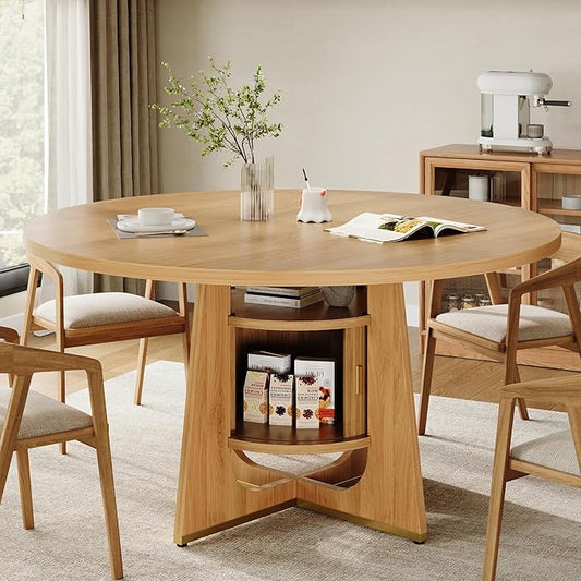 IRONCK 47 Inch Round Dining Table for 4-6 People with Built-in Storage Cabinet, Mid-Century Modern Kitchen Table for Dining Room, Kitchen, Living Room (Natural Wood)