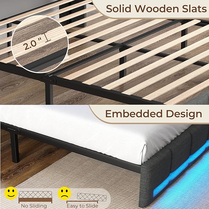 Rolanstar Twin Size Bed Frame with LED Lights and Charging Station, Upholstered Headboard with 2-Tier Storage Shelves, Heavy Duty Metal Frame, Noise-Free Support, Easy Assembly, No Box Spring Needed