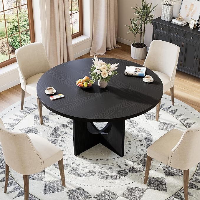 IDEALHOUSE 47" Round Dining Table, Kitchen Table for 4-6 People, Circle Tables with Sturdy Pedestal Base, Space Saving Dinning Room Furniture for Living Room, Kitchen, Apartment, Black