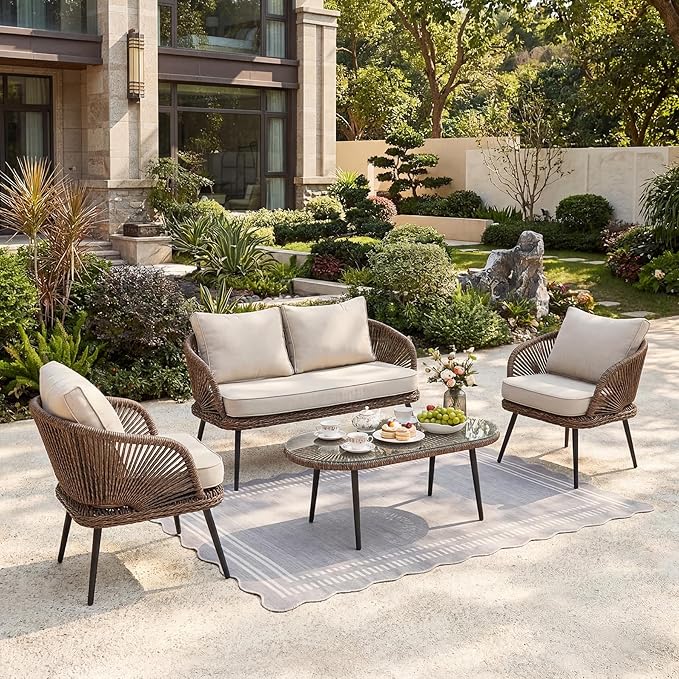 Tribesigns 4-Piece Outdoor Patio Furniture Set, Rattan Wicker Conversation Furniture Set with Removable Cushions and Glass Coffee Table for Garden, Pool, Porch, Balcony (Brown)