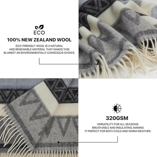 | Wool Blanket/Throw | 100% New Zealand Wool | Perfect for Home and Outdoors | Virgin Wool Throw with Fringes 75"x87" (190 x 220 cm)