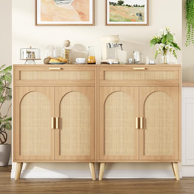 Rattan Buffet Sideboard Set of 2, Boho Buffet Cabinet with Adjustable Shelf & Doors, Kitchen Floor Storage Cabinet with Drawer, Coffee Buffet Cabinet for Living Room, Hallway, Entryway, Natural Oak