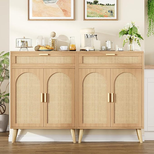 Rattan Buffet Sideboard Set of 2, Boho Buffet Cabinet with Adjustable Shelf & Doors, Kitchen Floor Storage Cabinet with Drawer, Coffee Buffet Cabinet for Living Room, Hallway, Entryway, Natural Oak
