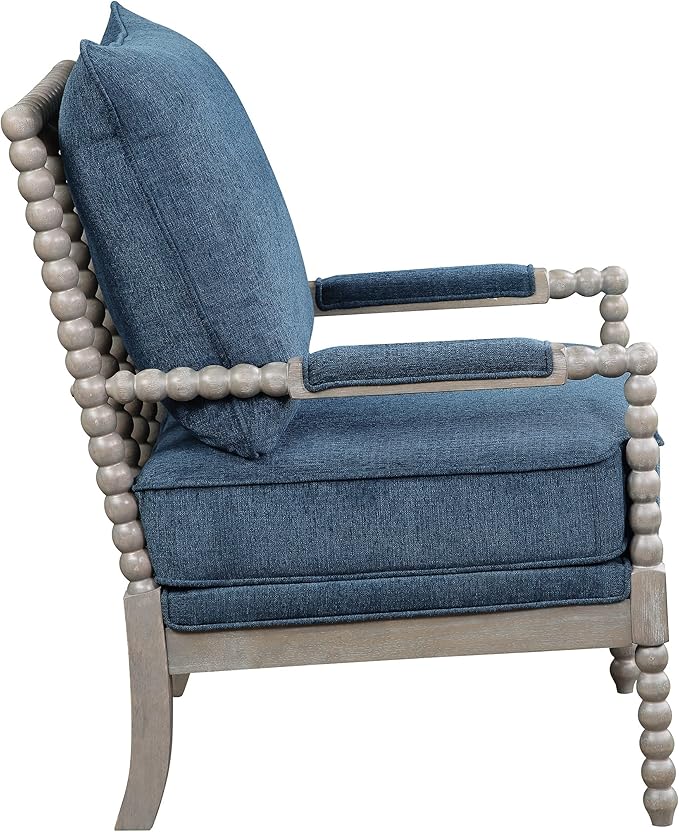 OSP Home Furnishings Abbott Spindle Accent Chair with Padded Spring Seat and Brushed Grey Base, Azure Blue Fabric