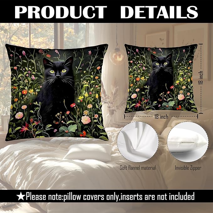 William Morris Inspired Black Cat Floral Pillow Covers 18x18 Set of 2,Cat Lover Gifts and Decor, Cottagecore Floral Black Kitten Kitty Decorative Throw Pillow Covers for Home Bedroom Living Room