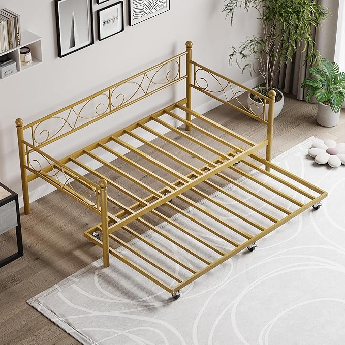 IDEALHOUSE Twin Daybed with Trundle, Metal Trundle Bed, Sofa Bed Frame, Heavy Duty Metal Slats, for Living Room, Bedroom, Guest Room, Space Saving, Gold
