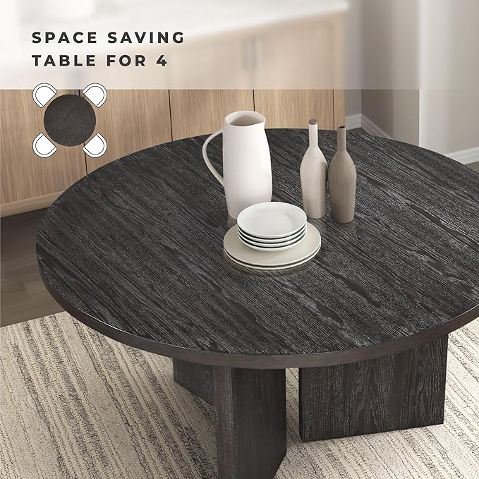 Lexicon 54 Dia. Dining Table for 4 People, Round with Textured Wood Grain Surface, Modern Ebony Finish Oak Veneer Small Kitchen Table for Dining Room, Kitchen, Ebony