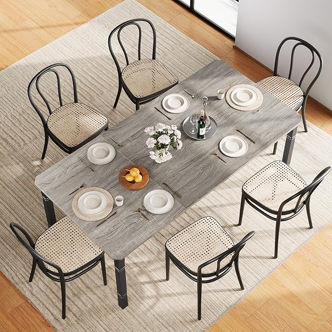 Garvee Large Dining Table for 6-8 People, 79" Wooden Kitchen Table with Sturdy Metal Frame, Dining Room Table for Dining Room, Kitchen, Black Leg & Grey