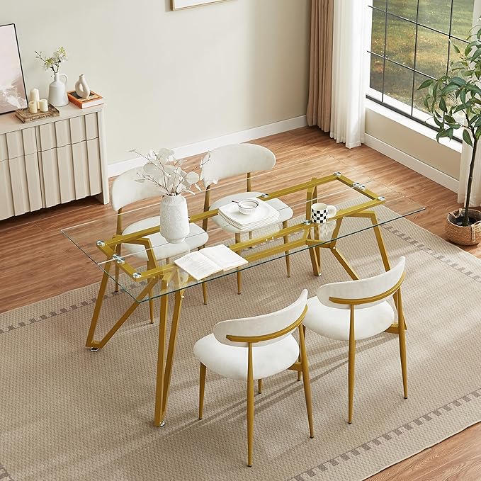 KEIKI 70.9 in Rectangular Glass Dining Table, Suitable for 1-8 People, Modern Style Home Kitchen Dining Table, Equipped with Sturdy Metal Table Legs for Dining Room, Living Rooms, Offices, Gold