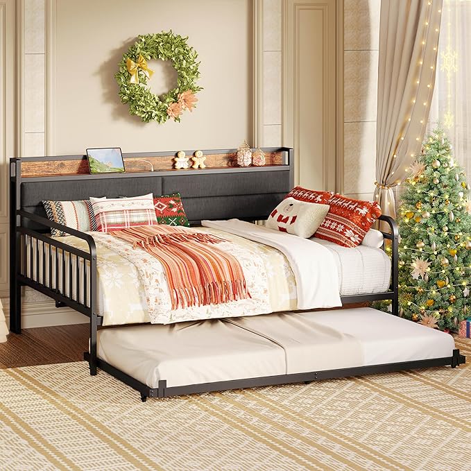 LIKIMIO Daybed with Trundle, Sturdy Metal Full Size Bed Frame with Upholstered Headboard and Charging Station for Living Room, Bedroom and Guest Room, Black