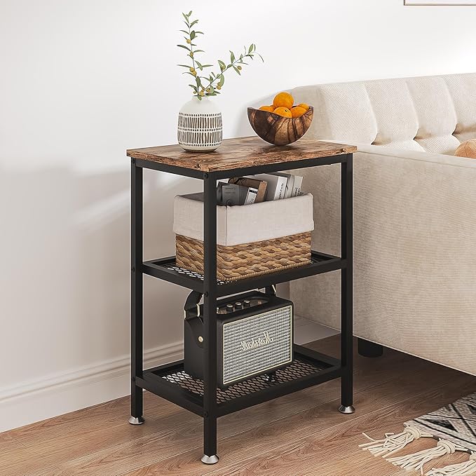 VECELO Tall End Side Tables,30" Height Nightstand with 3-Tier Storage Shelf for Bedroom Living Room, Easy Assembly,Industrial Style, Brown