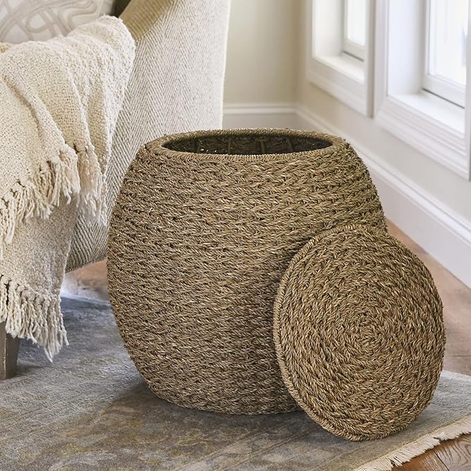 Household Essentials Handwoven Seagrass Barrel Wicker Storage Basket Side Table, Natural