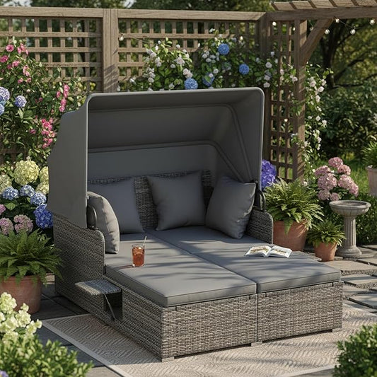 Tangkula Patio Rattan Daybed with Retractable Canopy, Outdoor Wicker Sunbed Lounger with 2 Foldable Side Tables, Thick Seat & Back Cushions, Outside Double Daybed for Garden, Backyard, Porch, Grey
