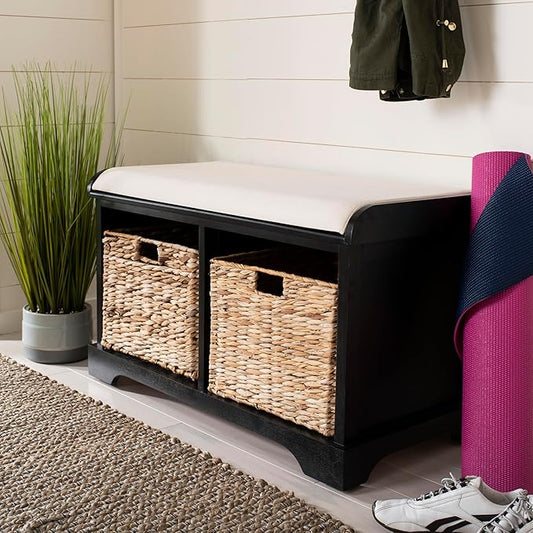 SAFAVIEH Home Collection – Freddy Black Storage Bench with Wicker Baskets & Cushion, Entryway Seating Bench, Fully Assembled (AMH5736B)