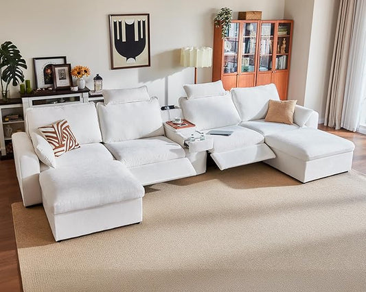 174.4'' Oversized Modular Power Recliner Sofa with Headrest, Deep Cloud Couch with Table, Charging Cup Holders, Convertible U-Shaped 6-Seater Sectional with 2 Storage Ottomans, Chenille, White