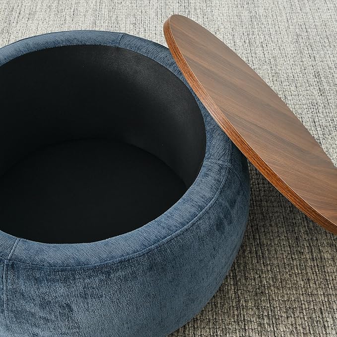 Ball & Cast Round Upholstered Storage-Ottoman Set with Wood Tray, Large Storage Coffee Table w/Footstool & Removable Lid, Dia 25" Padded Bench & End Side-Table for Living Bedroom, Dark Blue