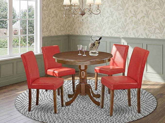 East West Furniture ANAB5-MAH-72 5 Piece Dining Table Set Includes a Round Dining Room Table with Pedestal and 4 Firebrick Red Faux Leather Parsons Chairs, 36x36 Inch, Mahogany