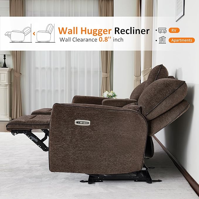 MCombo 75" Wall Hugger Power Loveseat Recliner Sofa with Console and Adjustable Headrest, RV Reclining Loveseat with USB Ports for Living Room 6926 (Brown, Loveseat with Console)