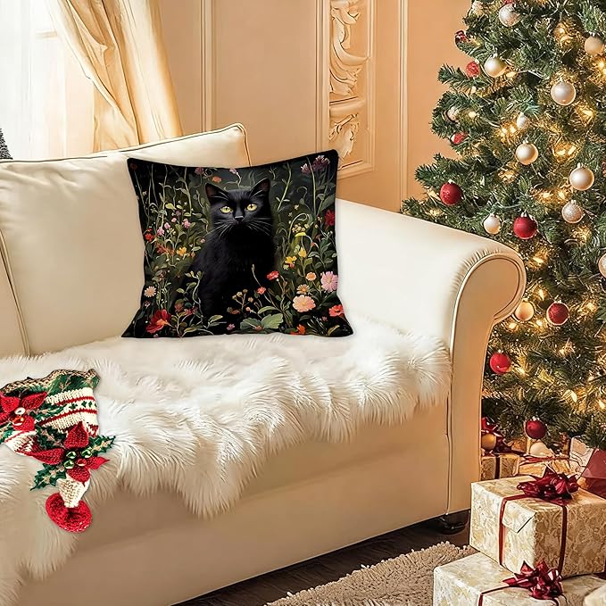 William Morris Inspired Wildflower Black Cat Pillow Covers 18x18, Cat Lover Mom Lady Gifts, Vintage Dark Cottagecore Black Kitten Decorative Throw Pillow Covers for Bedroom Living Room Home