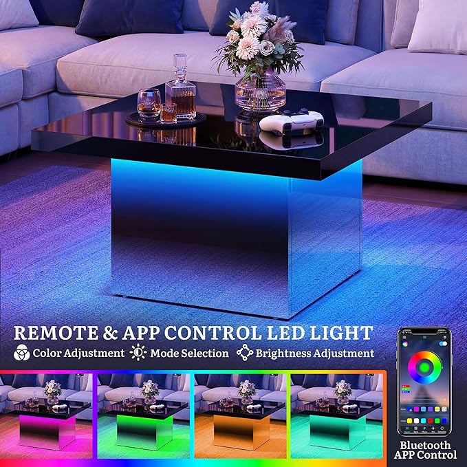 YITAHOME Square Coffee Table, Coffee Tables for Living Room with LED Lights, Modern Cocktail Coffee Table for Decor, Black