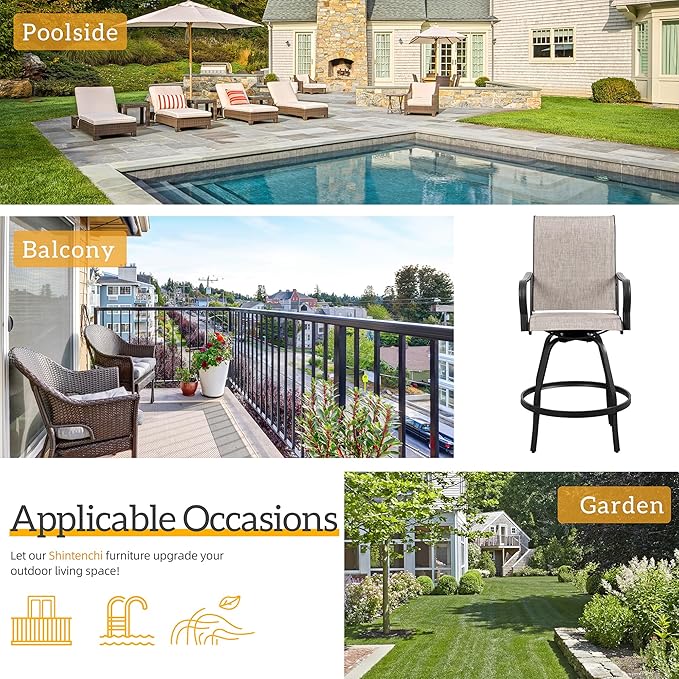 Shintenchi 4 Piece Patio Swivel Bar Chairs, All Weather Textile Outdoor Metal Bar Stools Patio Chairs Set of 4 with High Back, High Top Bistro Set Furniture for Balcony, Backyard, Garden, Deck, Taupe