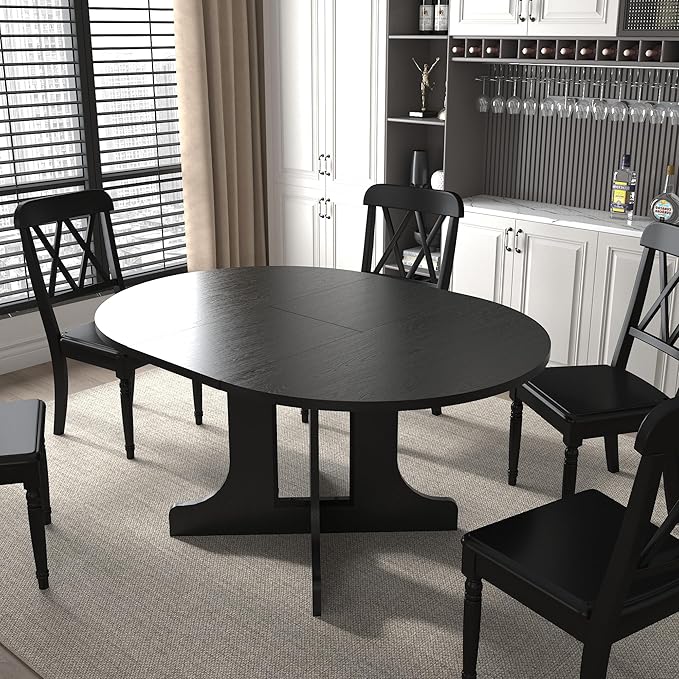 Ball & Cast Extendable Round Dining Table for 4-6,43.3-59" Transformer Kitchen Table W/Removable Leaf Trestle & X-Shaped Base,Modern Oval Extendable Dining Room Table for Small Space,Black