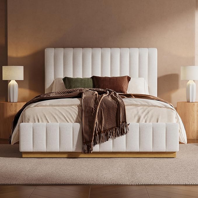 Merax Queen Bed Frame Upholstered Platform Bed with Linen Headboard, Wing Edge Design/Non-Slip and Noise-Free/Wooden Slats Support/No Box Spring Needed/Easy Assembly,King
