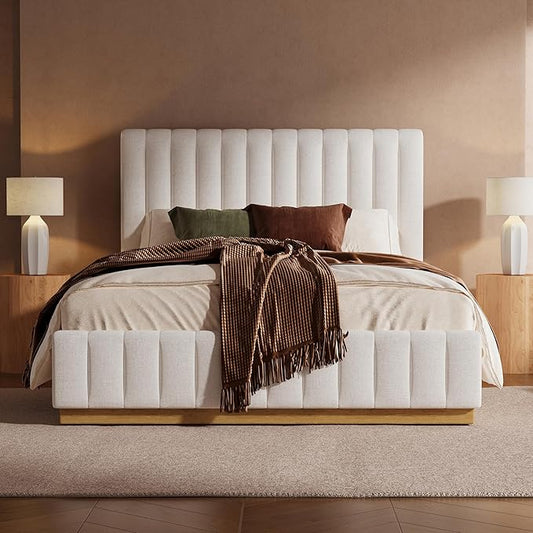 Merax Queen Bed Frame Upholstered Platform Bed with Linen Headboard, Wing Edge Design/Non-Slip and Noise-Free/Wooden Slats Support/No Box Spring Needed/Easy Assembly,King