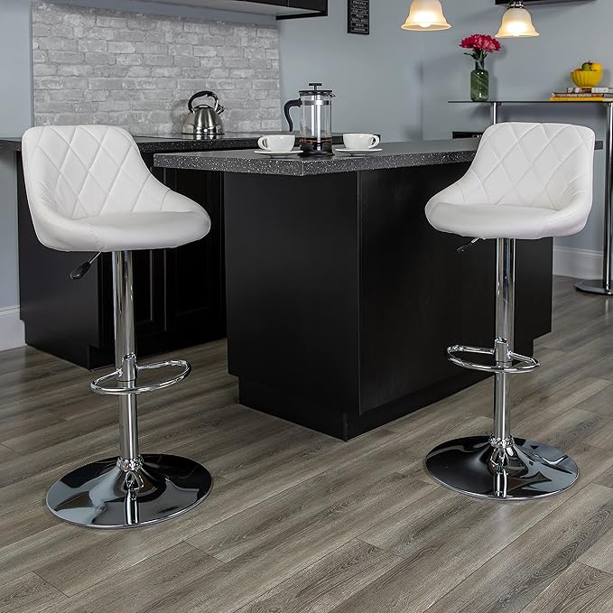Flash Furniture Contemporary White Vinyl Bucket Seat Adjustable Height Barstool with Diamond Pattern Back and Chrome Base