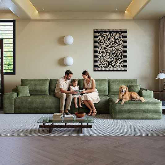135" Corduroy Couch Sectional with Chaise, L Shape Boneless Cloud Couches for Living Room Bedroom, Fluffy Deep Seat Compression Sofa, Modular Corner Couch No Assembly, Right Facing Chaise, Green