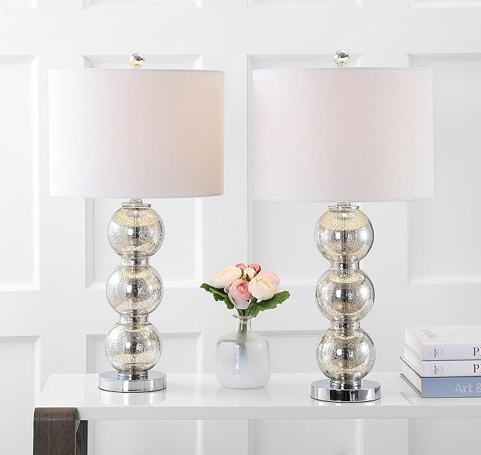 JONATHAN Y 27" Mercury Silver/Chrome Triple-Sphere Glass Table Lamp Set of 2, Bedside, White Linen Shade, Modern Table Lamps for Living Room, Bedroom, Office, LED Bulbs Included (JYL1070B-SET2)