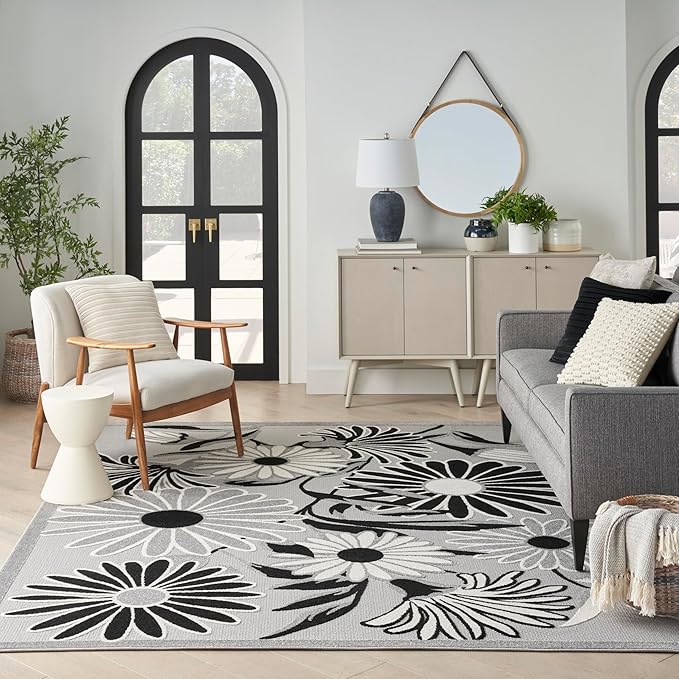Nourison Home Aloha Black White 7' x 10' Area Rug - Easy Clean, Non Shedding, Bed Room, Living Room, Dining Room, Kitchen (7' x 10')