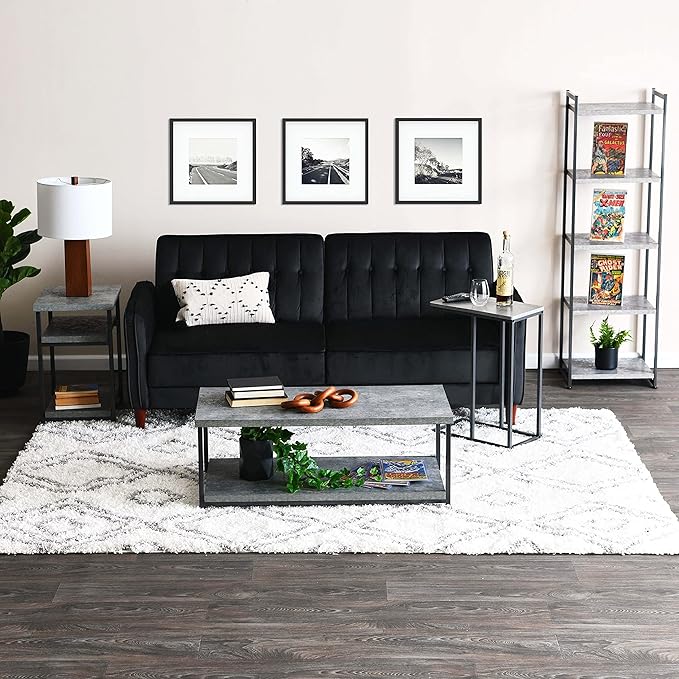 Household Essentials Jamestown Rectangular Side End Table with Storage Shelves Rustic Slate Concrete and Black Metal