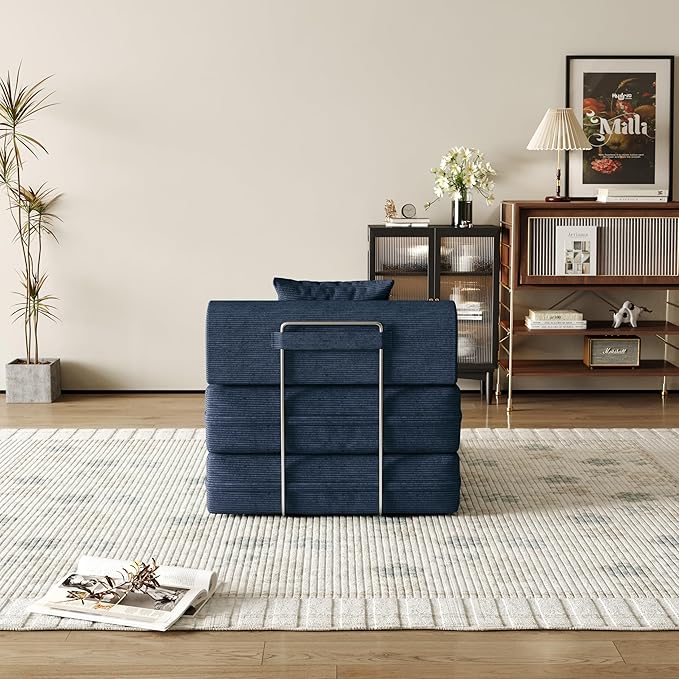 31.5'' Convertible Compressed Corduroy Folding Cloud Sofa Bed Set of 2, 2 Pieces Modern Boneless Pull Out Sleeper Sofa Couch, 3 in 1 Portable Floor Lounge Chair Set, No Assembly Needed, Navy Blue