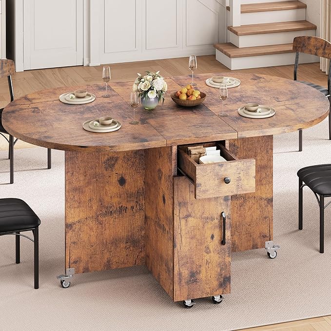 Round Folding Dining Table for 6, Space Saving Drop Leaf Kitchen Table with Storage Drawer, 6 Wheels Oval Gateleg Foldable Dining Table for Small Spaces (Vintage, 51" x 31.5" x 30")