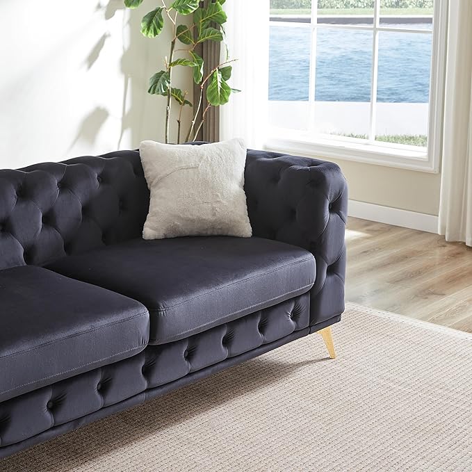 KEIKI 2-Piece Luxury Chesterfield Sofa Set with 1 Velvet 3-Seater Sofa & 1 Loveseat Sofa, Mid-Century 5-Seater Tufted Button Couch Set with 4 Pillow & High-Density Foam Cushion, for Living Room, Black