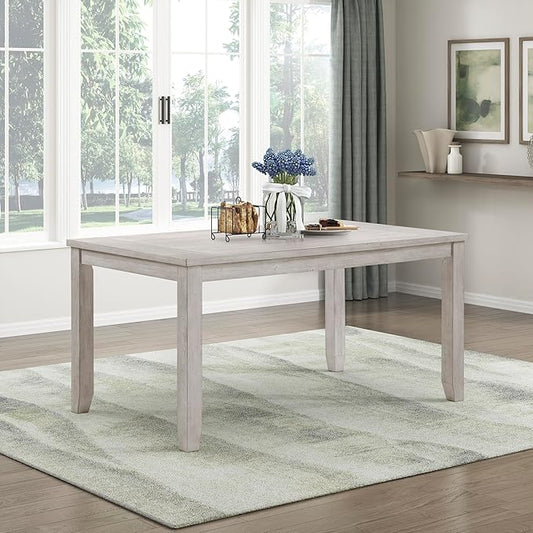 Lexicon 60" Farmhouse Dining Table for 4-6 People, Solid Wood Frame Acacia Veneer Rectangular Kitchen Table, for Kitchen, Dining Room, Living Room, Assembly Required, Brushed Antique White Finish