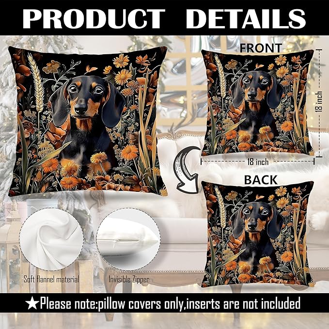 William Morris Inspired-Vintage Floral Dachshund Pillow Covers 18x18 Set of 2, Dachshund Lover Gifts,Cottagecore Botanical Weiner Dog Doxie Decorative Pillow Covers for Home Living Room Bedroom