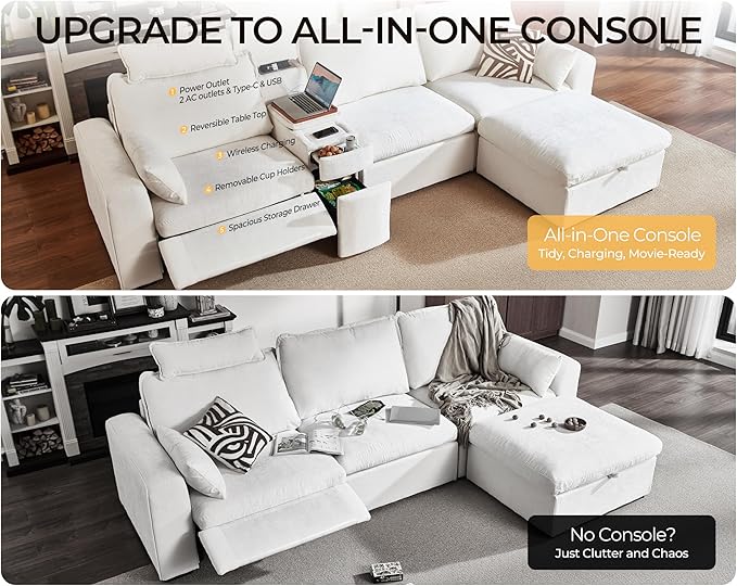 174.4'' Oversized Modular Power Recliner Sofa with Headrest, Deep Cloud Couch with Table, Charging Cup Holders, Convertible U-Shaped 6-Seater Sectional with 2 Storage Ottomans, Chenille, White
