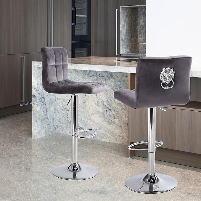 Finnhomy Bar Stools Set of 2 Counter Height, Swivel Barstools with Footrest and L Shape Thicken Cushion Back Handle, Height Adjustable Modern Bar stools for Kitchen, Velvet Fabric, Dark Grey