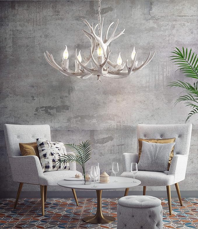 JONATHAN Y 26" White Rustic Resin Antler 4-Light LED Chandelier, Farmhouse Faux Deer Horn Hanging Ceiling Light for Dining Room, Kitchen Island, Adjustable Light Fixture (JYL6300B)
