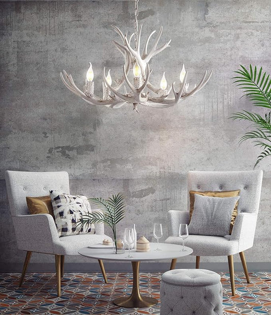 JONATHAN Y 26" White Rustic Resin Antler 4-Light LED Chandelier, Farmhouse Faux Deer Horn Hanging Ceiling Light for Dining Room, Kitchen Island, Adjustable Light Fixture (JYL6300B)